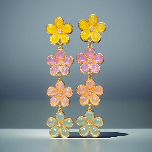 Designer Jewelry - 18k Gold Plated Pastel Cabochon Crystal Spring Flower Earrings